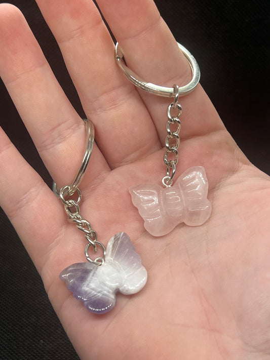 Amethyst or Rose Quartz Crystal Butterfly Keychain